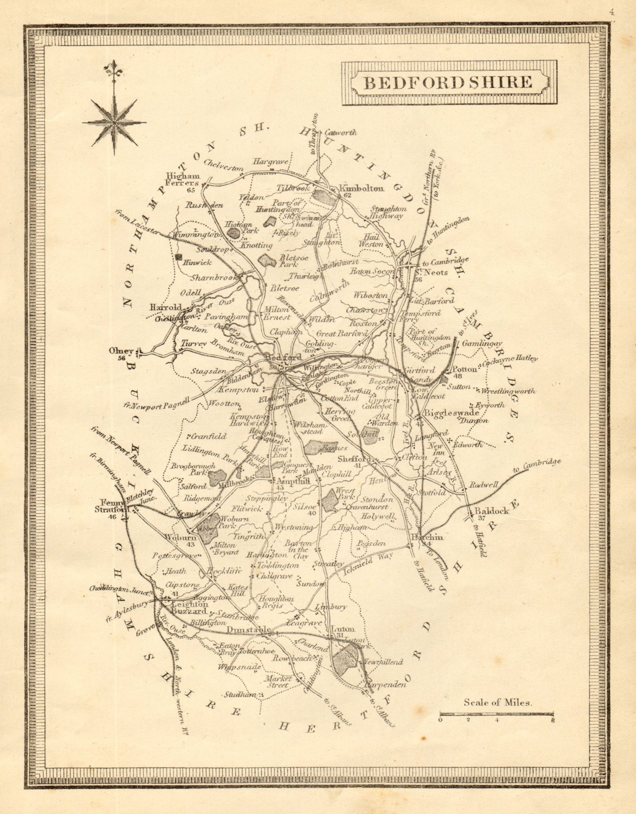 Antique county map of Bedfordshire by John Heywood. Railways & coach roads c1864